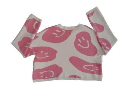 Moon & Madison Cropped Sweater - Pink Smiley Print, Size S - Thumbnail 3