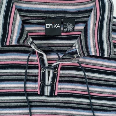 VTG Erika Striped Lace Up Collar Long Sleeve Womens Sz L Pink Black Gray Blue - Thumbnail 3