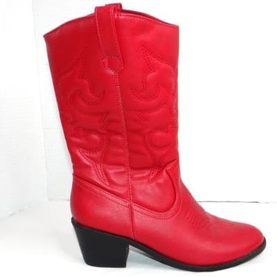 Red Faux Leather Cowgirl Boots Women's Size 6M US Embroidered Chunky Heel - Thumbnail 3