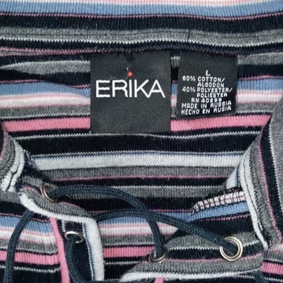 VTG Erika Striped Lace Up Collar Long Sleeve Womens Sz L Pink Black Gray Blue - Thumbnail 2