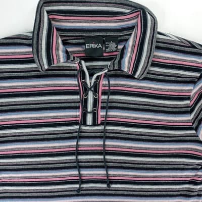 VTG Erika Striped Lace Up Collar Long Sleeve Womens Sz L Pink Black Gray Blue - Thumbnail 4