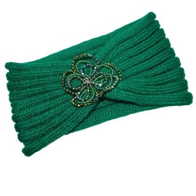 CC Exclusives Green Knitted Turban Headband Beaded Flower Embellishment