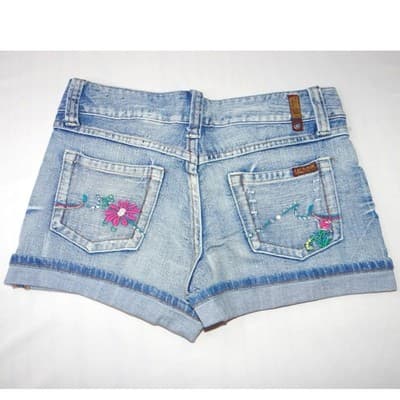 Y2K Vintage ZANADI Denim Shorts Distressed Floral Embroidered Cuffed Blue Sz 9 - Thumbnail 4
