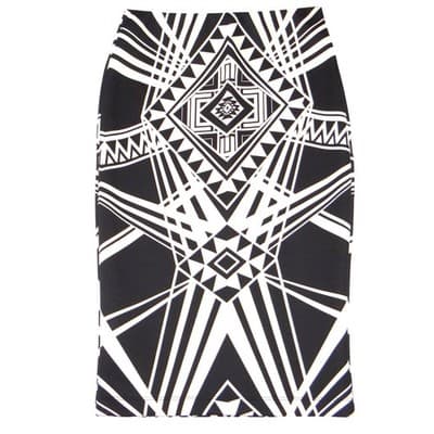 By & By Womens Black Cream Geometric Tribal Print Midi Pencil Skirt Size M
