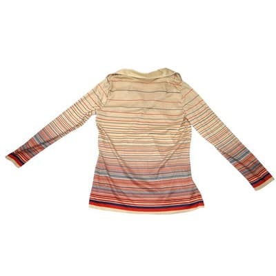 Vintage 70s Striped Long Sleeve Polo Shirt V-Neck Cream Red Navy Mens Medium - Thumbnail 3