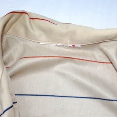 Vintage 70s Striped Long Sleeve Polo Shirt V-Neck Cream Red Navy Mens Medium - Thumbnail 2
