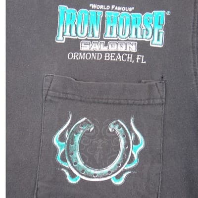 Iron Horse Saloon Ormond Beach FL Biker Pocket T-Shirt Mens Black Teal Graphic - Thumbnail 3