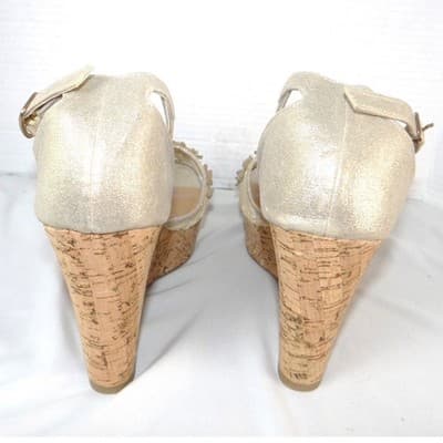 Bamboo Womens Champagne Gold Floral Lace Cork Wedge Platform Sandals Size 10 - Thumbnail 6