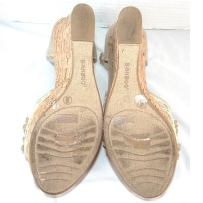 Bamboo Womens Champagne Gold Floral Lace Cork Wedge Platform Sandals Size 10 - Thumbnail 8