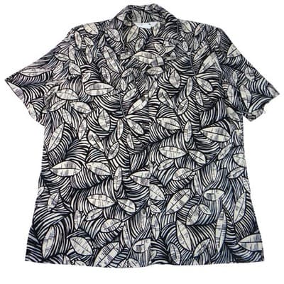 Vintage Alia Womens Sz 10 Black White Leaf Print Short Sleeve Button Blouse Top