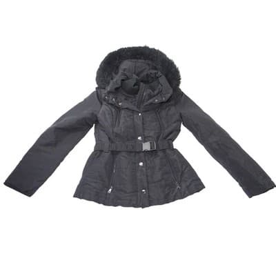 Esprit Black Faux Fur Trim Hooded Belted Winter Jacket Coat Women Size L