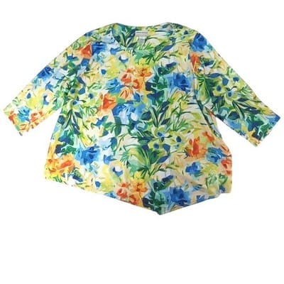 Alfred Dunner Woman 3X Floral Print Rhinestone Neckline 3/4 Sleeve Top
