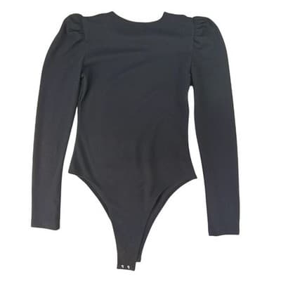 Black Puff Sleeve Ribbed Bodysuit Long Sleeve Thong Snap Closure Women - Thumbnail 3