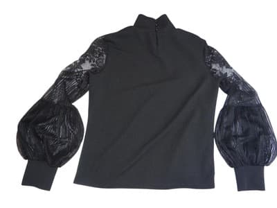 Chic Black Mock Neck Top with Lace Puff Sleeves - Thumbnail 6