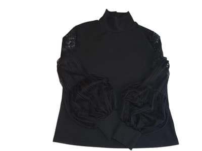 Chic Black Mock Neck Top with Lace Puff Sleeves - Thumbnail 3
