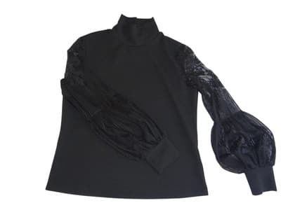 Chic Black Mock Neck Top with Lace Puff Sleeves