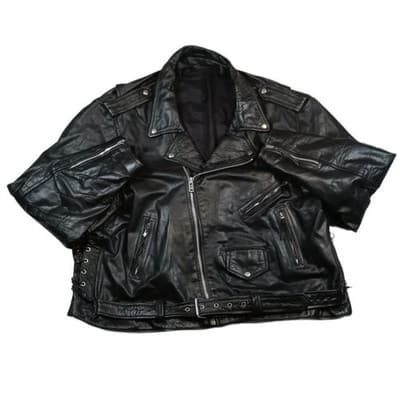 Vintage Men's Black Genuine Leather Motorcycle Jacket Belted MADE IN USA - Thumbnail 2