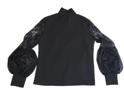 Chic Black Mock Neck Top with Lace Puff Sleeves - Thumbnail 5