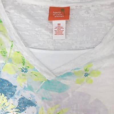 NWT-Hearts of Palm Woman 3X White Floral Print V Neck T Shirt Rhinestones - Thumbnail 2
