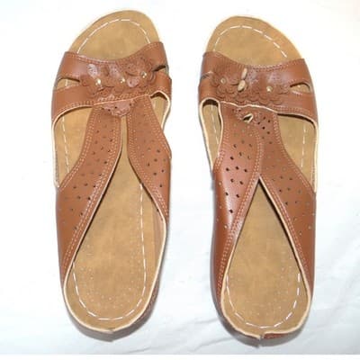Womens Tan Floral Wedge Sandals Perforated Slip On Comfort Slides Brown EU 41 - Thumbnail 6