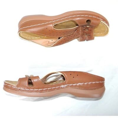 Womens Tan Floral Wedge Sandals Perforated Slip On Comfort Slides Brown EU 41 - Thumbnail 2