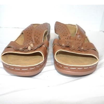 Womens Tan Floral Wedge Sandals Perforated Slip On Comfort Slides Brown EU 41 - Thumbnail 4
