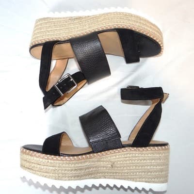 Crown Vintage Daylen Black Leather Espadrille Platform Wedge Sandals Womens 7.5 - Thumbnail 2