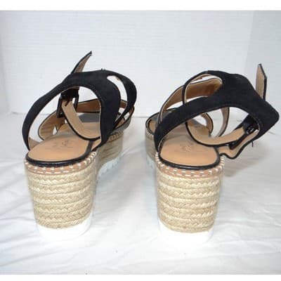 Crown Vintage Daylen Black Leather Espadrille Platform Wedge Sandals Womens 7.5 - Thumbnail 5