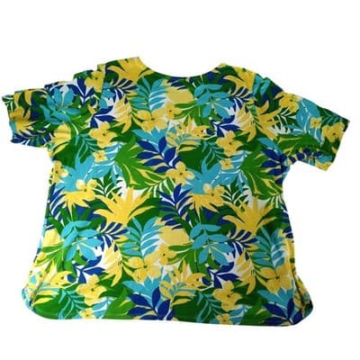 Ruby Rd Womens 3X Tropical Floral Print Short Sleeve Top Shirt Blue Yellow Green - Thumbnail 3