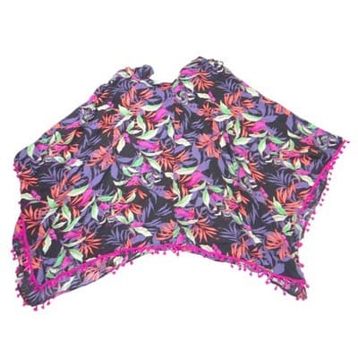 Goa Beachwear by Japna Women L Tropical Floral Kaftan Cover Up Pom Pom Trim - Thumbnail 3