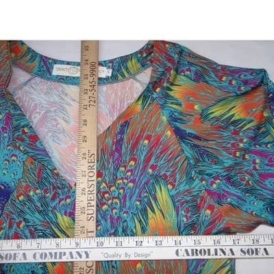 Tracy Negoshian Peacock Feather Print V Neck 3/4 Sleeve Mini Dress Size L - Thumbnail 4