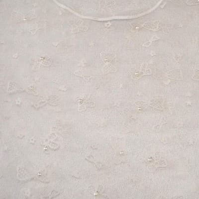 Colorful White Sheer Lace Mesh Bow Pearl Top Short Sleeve Scoop Neck Womens S/M - Thumbnail 4
