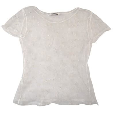 Colorful White Sheer Lace Mesh Bow Pearl Top Short Sleeve Scoop Neck Womens S/M - Thumbnail 3
