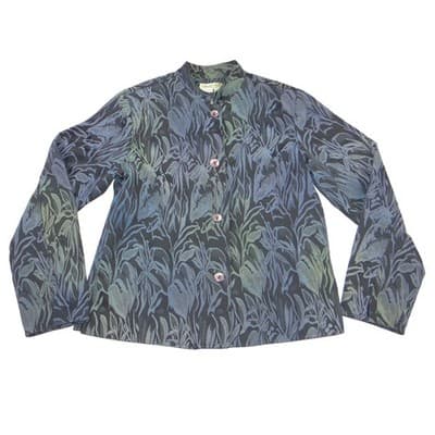 VTG Coldwater Creek Womens Blue Botanical Jacquard Mandarin Collar Jacket Size M