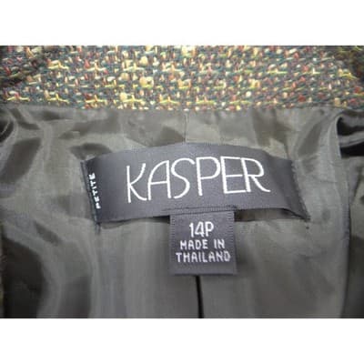 Vintage Kasper Women 14P Tweed Blazer Jacket Olive Green Brown Earth Tone Sz 14 - Thumbnail 2