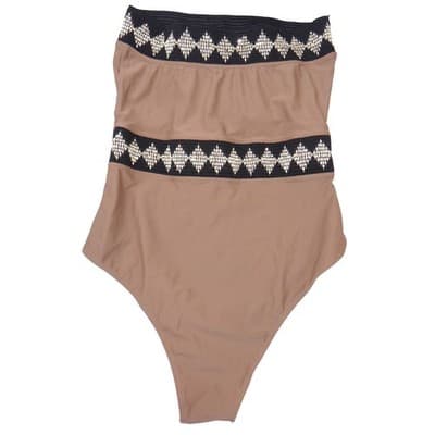 Womens Strapless One Piece Swimsuit Brown Gold Embroidered Sequin Medium - Thumbnail 3