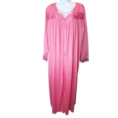 Vintage Princess Lingerie Pink Satin Nightgown Pearl Buttons Sheer Trim Size L