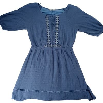 Lucky Brand Blue Textured Embroidered Tassel Tie Neck Dress - Youth Size XL