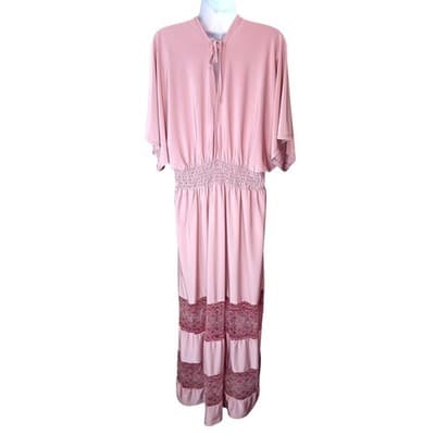 Vintage Pink Maxi Dress Butterfly Sleeves Smocked Waist Lace Trim Boho Flowy - Thumbnail 4