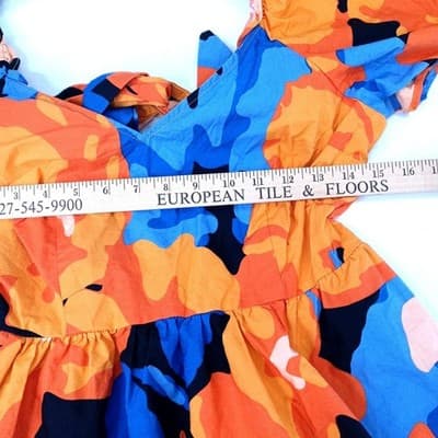 Bold Floral Print Midi Dress Orange Blue Black Puff Sleeve Square Neck - Thumbnail 3