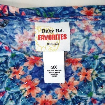 NWT-Ruby Rd. Favorites Woman 3X Blue Floral Geometric Print 3/4 Sleeve Tunic Top - Thumbnail 2