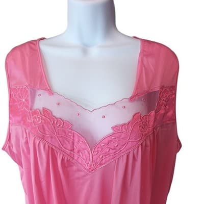 Vintage Princess Lingerie Pink Satin Nightgown Pearl Buttons Sheer Trim Size L - Thumbnail 7