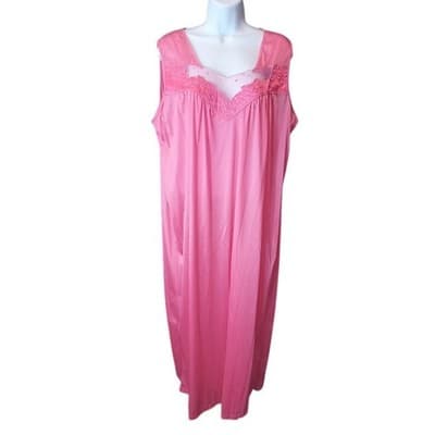 Vintage Princess Lingerie Pink Satin Nightgown Pearl Buttons Sheer Trim Size L - Thumbnail 6
