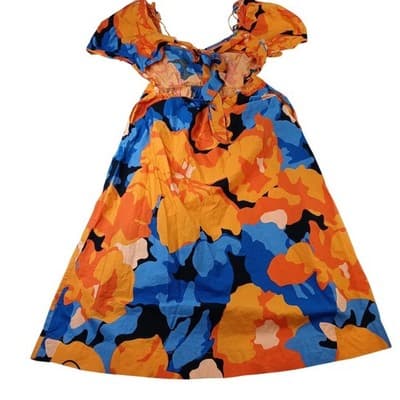 Bold Floral Print Midi Dress Orange Blue Black Puff Sleeve Square Neck - Thumbnail 2