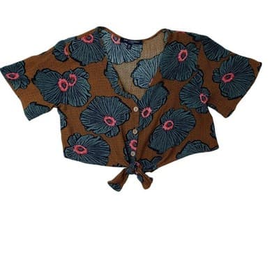 ONE CLOTHING Women's XS Brown Floral Print Tie Front Flutter Sleeve Crop Top