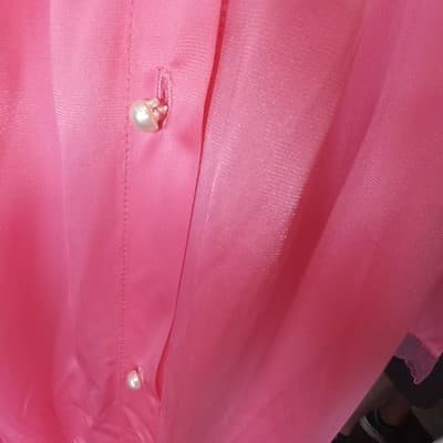 Vintage Princess Lingerie Pink Satin Nightgown Pearl Buttons Sheer Trim Size L - Thumbnail 4