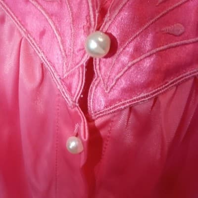 Vintage Princess Lingerie Pink Satin Nightgown Pearl Buttons Sheer Trim Size L - Thumbnail 3