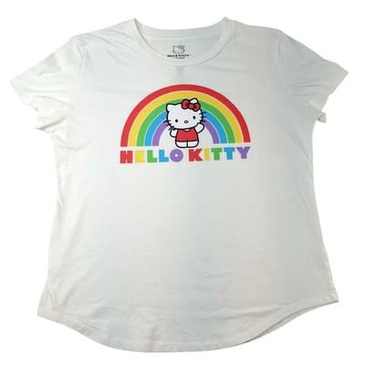 Kids Hello Kitty Rainbow T Shirt Size 2XL Youth White Short Sleeve Graphic Tee