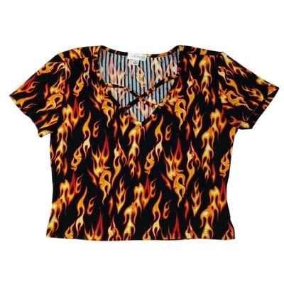 J FOR JUSTIFY Flame Print Crisscross VNeck CropTop Women Size M Black Orange Red