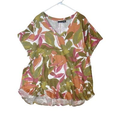 Tahari Womens 3X V Neck Short Sleeve Leaf Print Top Orange Green Pink